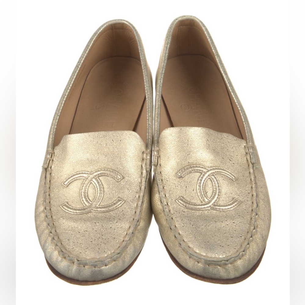Authentic 2009 CHANEL Gold Metallic Flats with CC Logo